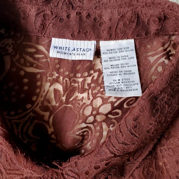 BLOUSE WHITE STAG SIZE 18W BROWN SHEER LACE 3/4 SLEEVES BUTTONS GREAT CONDITION - Picture 2 of 8